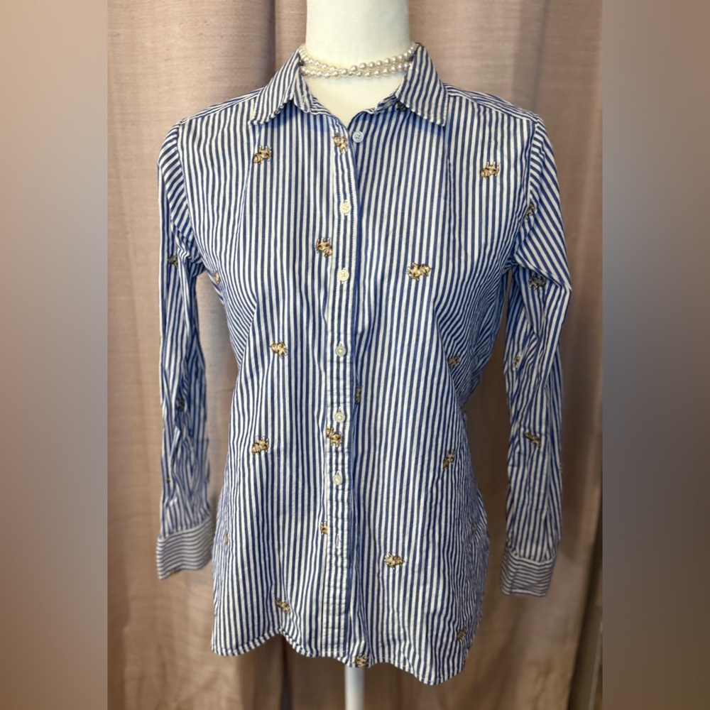 LOFT Navy and White Striped Shirt with Dog Embroidery | Long Sleeve Oxford Style